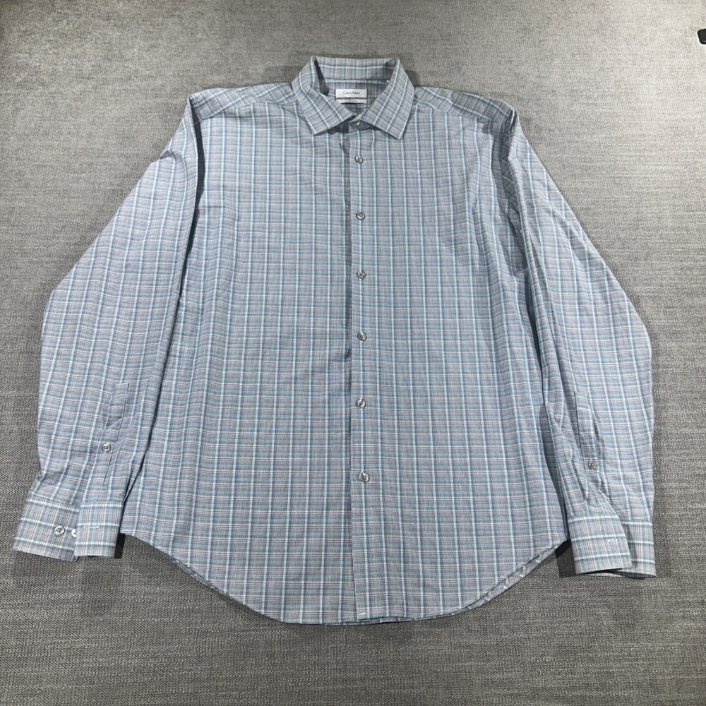 Calvin Klein Dress Shirt Mens L Blue Plaid Slim Fit 4-Way Stretch Long Sleeve